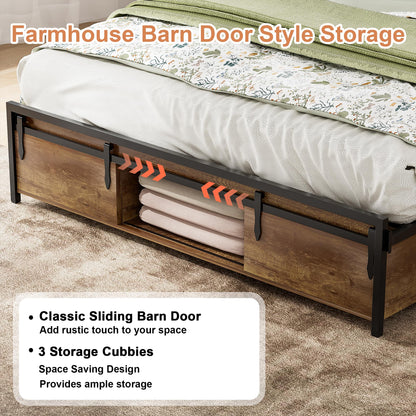 Farmhouse Full Size Bed Frame with Bookcase Headboard and Sliding Barn Door Storage Cubbies,LED Light and Charging Station,Rustic Wood Platform Bed,Metal Slats Support,No Box Spring Needed,Noiseless