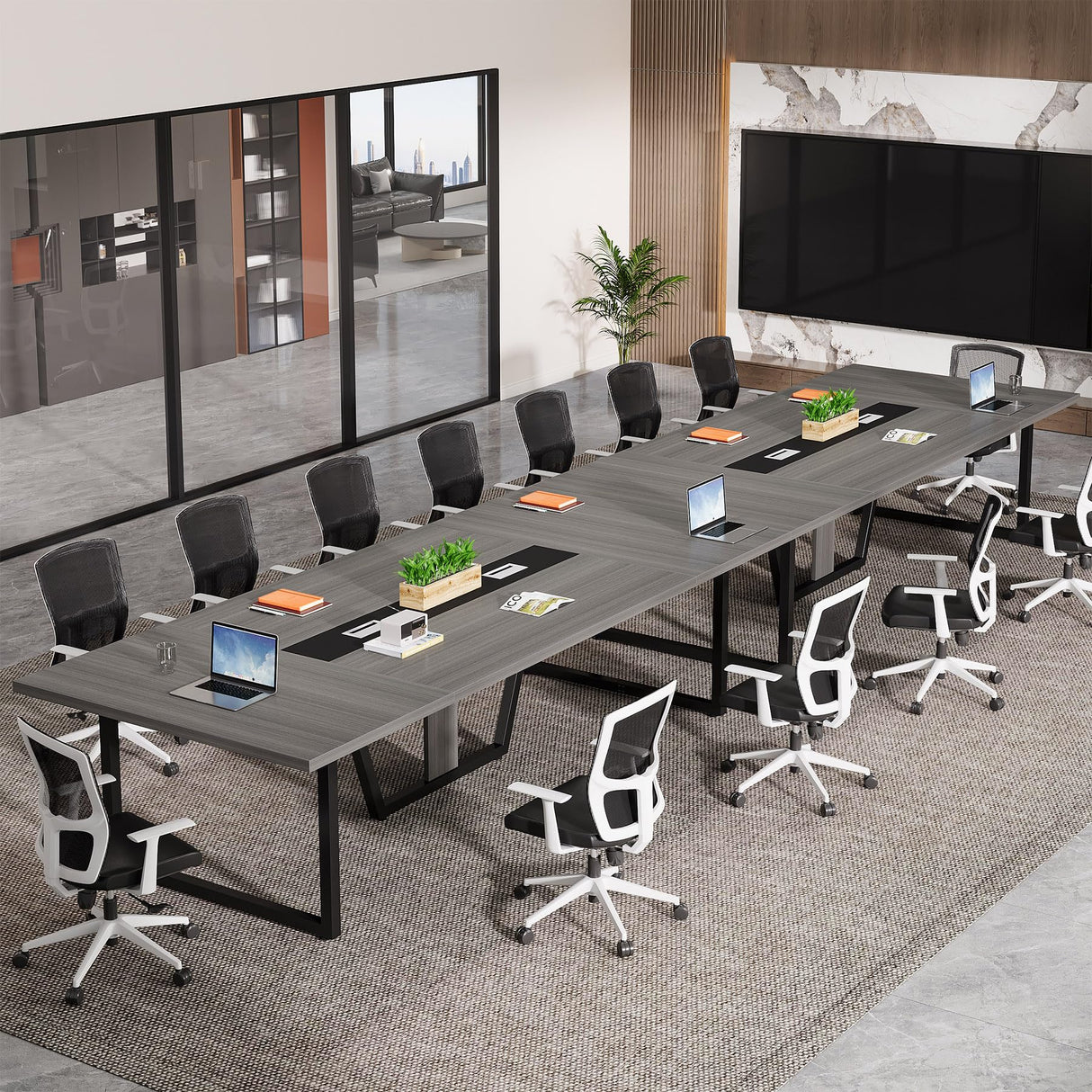 Tribesigns 8FT Large Conference Table for 10 People, Industrial 94.5-Inch Meeting Table with Two Grommets, Rectangular Podcast Training Table for Home Office, Studio, Business, 2 PCS Tribesigns