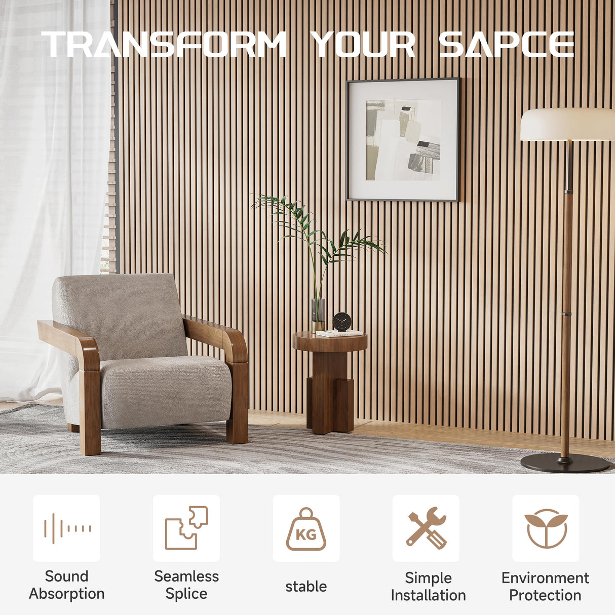 POHARE Wood Slat Wall Panels, 4 Pack 8 x 1 ft Decorative Wood Panels for Wall,Stylish Wall Panels for Interior Wall Decor, Modern Acoustic Wood Wall Panels with Felt Backing, Oak POHARE