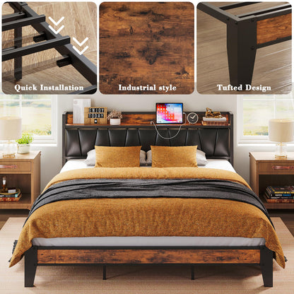 California King Bed Frame with Storage Headboard and Charging Station by LIKIMIO - Vintage Brown and Black - WoodArtSupply