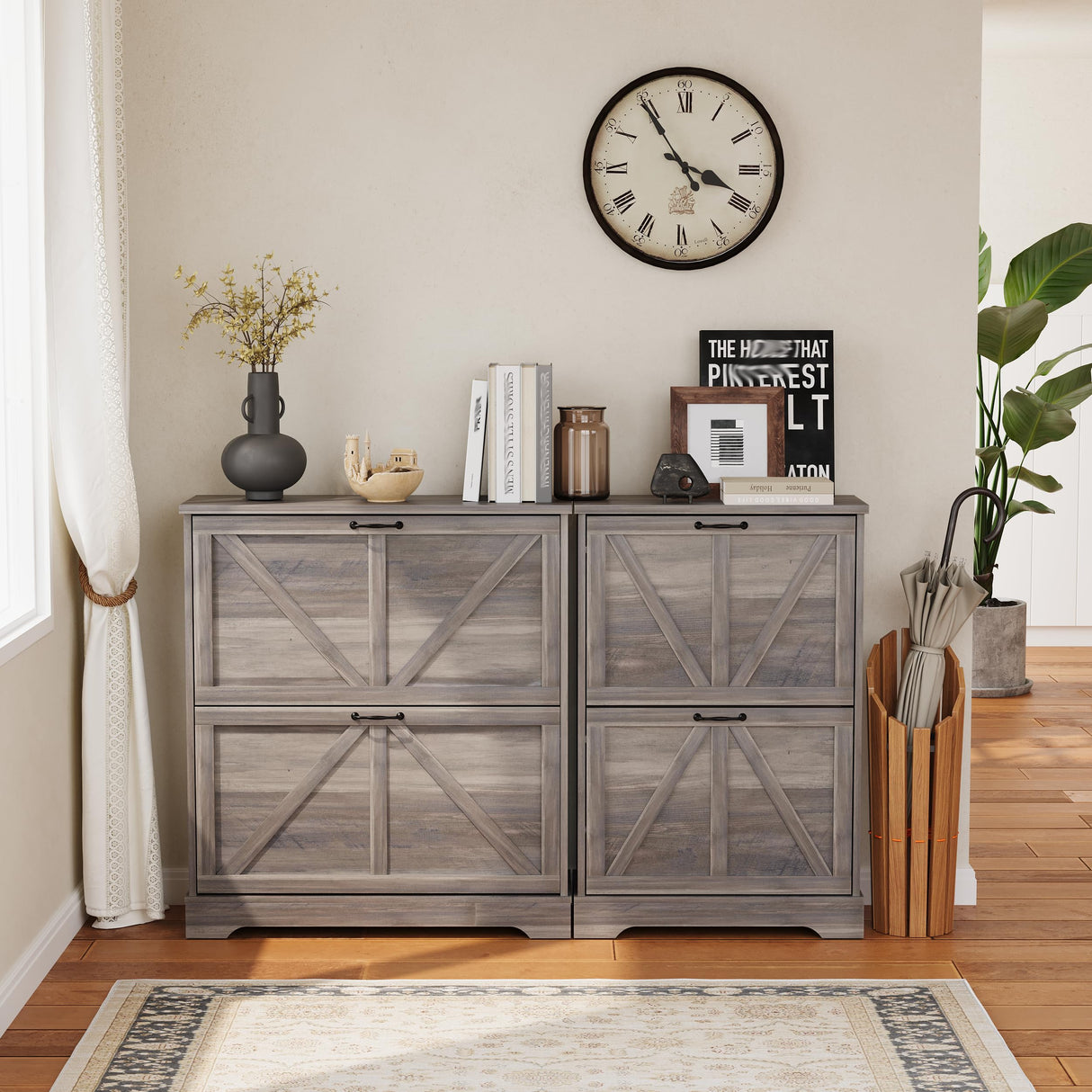 Semiocthome Farmhouse Shoe Storage Cabinet with 2 Flip Drawers, 31.5"(W) Freestanding Shoe Organizer with Barn Door and Metal Handles for Entryway, Corner Rustic Narrow Shoe Rack Cabinet - Washed Gray Semiocthome