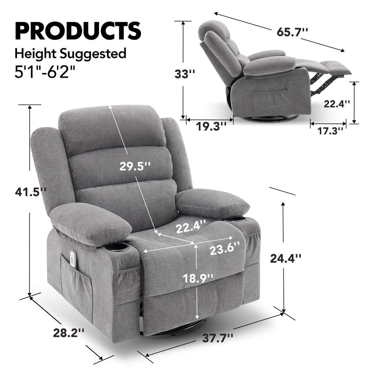 Rocker Recliner Chair with Heat and Massage, 360° Swivel Recliner Chairs for Adults, Oversized Recliner Single Sofa Seat with Cup Holders, Lazy Boy Recliner Single Sofa, Grey Huatean Home
