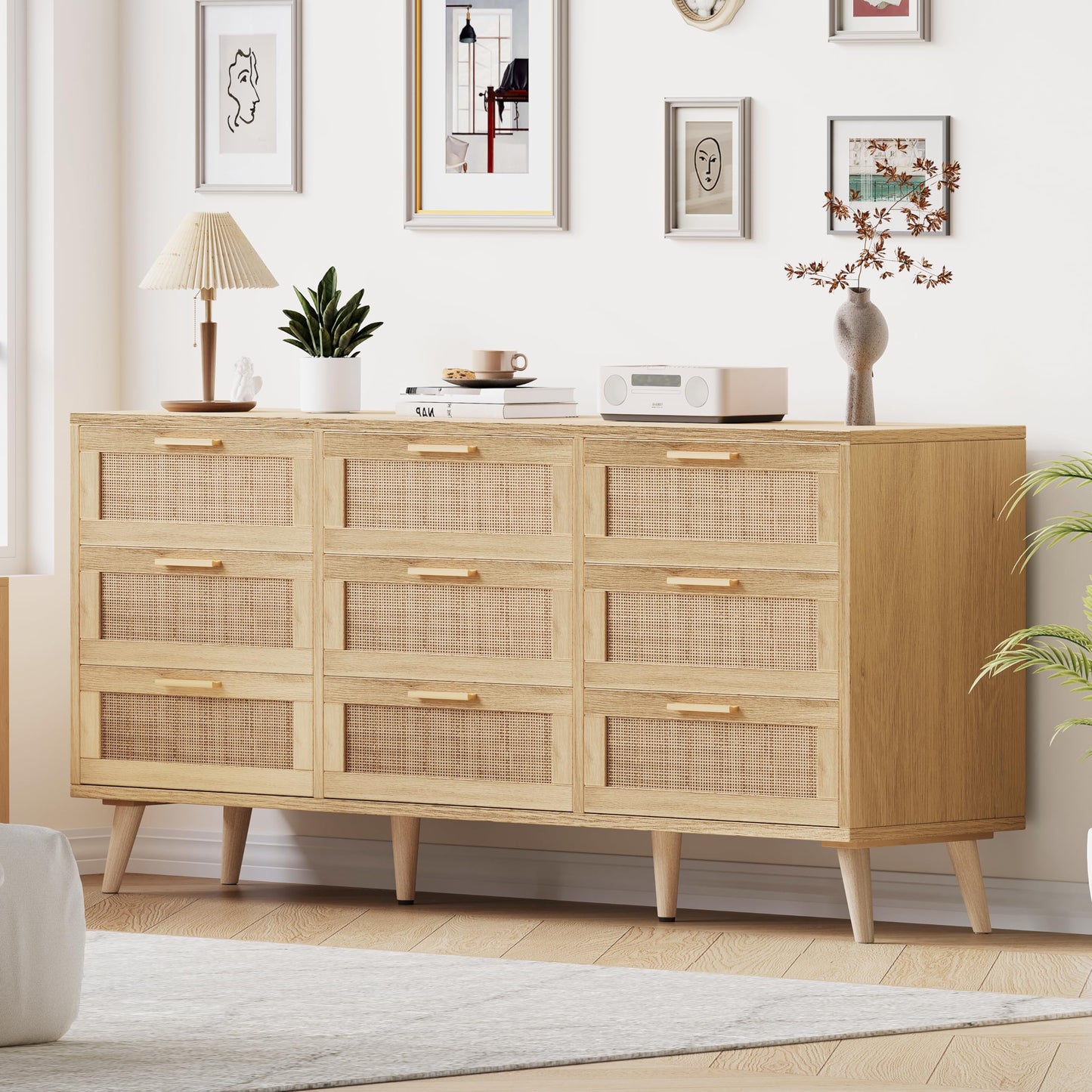 Rovaurx 9 Drawer Double Dresser for Bedroom, Rattan Chest of Dressers, Modern Wooden Dresser Chest with Golden Handles, Beside Table for Closet, Living Room and Entryway, Natural RDG002M