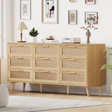 Rovaurx 9 Drawer Double Dresser for Bedroom, Rattan Chest of Dressers, Modern Wooden Dresser Chest with Golden Handles, Beside Table for Closet, Living Room and Entryway, Natural RDG002M Rovaurx