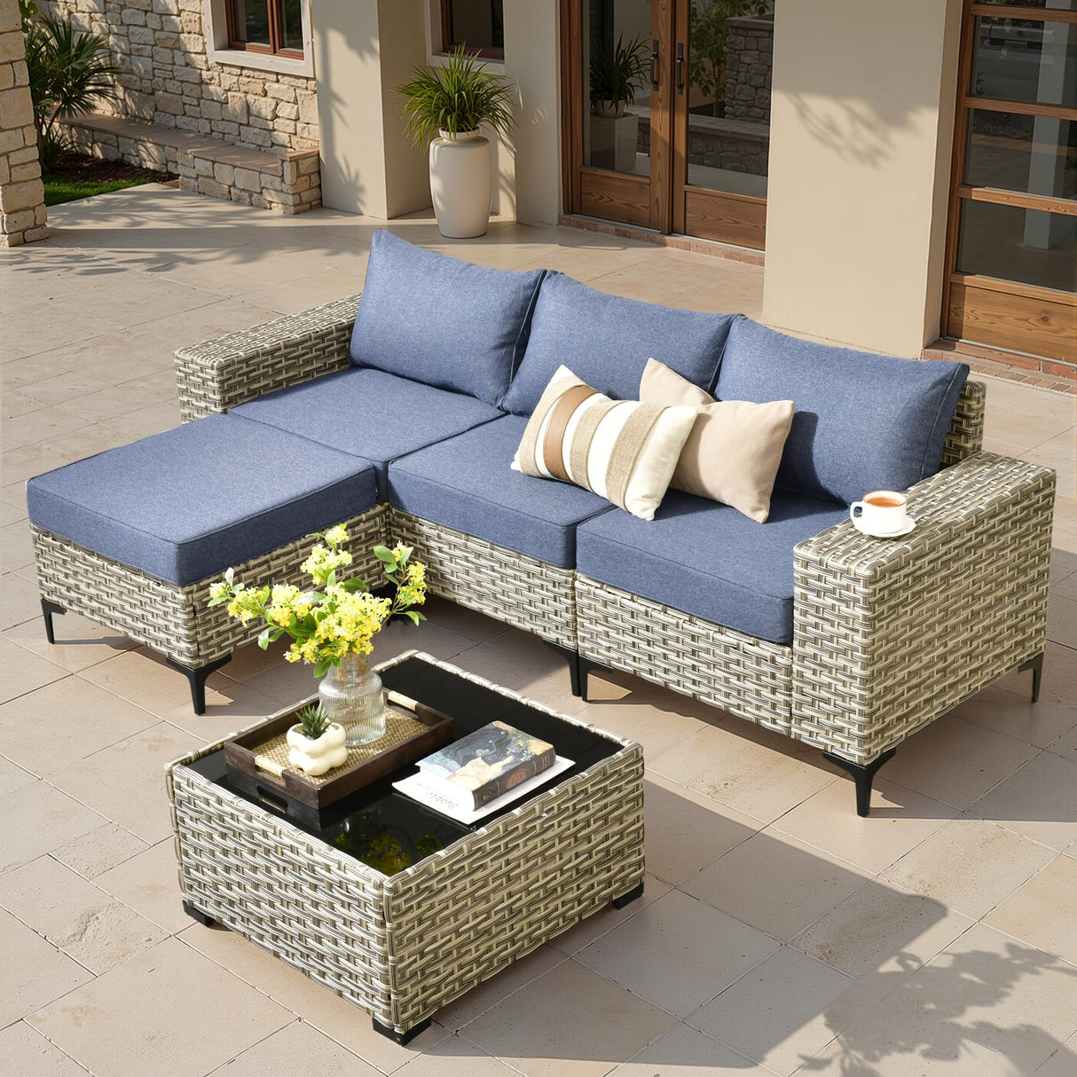 ovios 5 Pieces Patio Furniture Set Outdoor Sectional Sofa Couch with Deep Seat Chaise Comfy Cushions, Modern Modular Wicker Rattan Conversation Set Porch Deck Garden, Denim Blue ovios