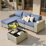 ovios 5 Pieces Patio Furniture Set Outdoor Sectional Sofa Couch with Deep Seat Chaise Comfy Cushions, Modern Modular Wicker Rattan Conversation Set Porch Deck Garden, Denim Blue ovios