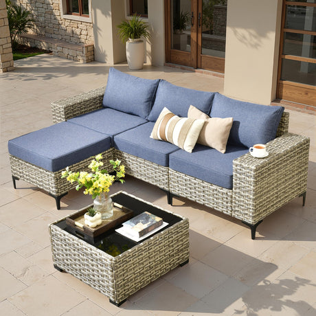 ovios 5 Pieces Patio Furniture Set Outdoor Sectional Sofa Couch with Deep Seat Chaise Comfy Cushions, Modern Modular Wicker Rattan Conversation Set Porch Deck Garden, Denim Blue ovios