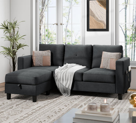 JAMFLY Sectional Sofas Couches for Living Room, L Shaped Couch with Storage Sofa Set, Small Couches for Small Spaces with Movable Ottoman, Black JAMFLY
