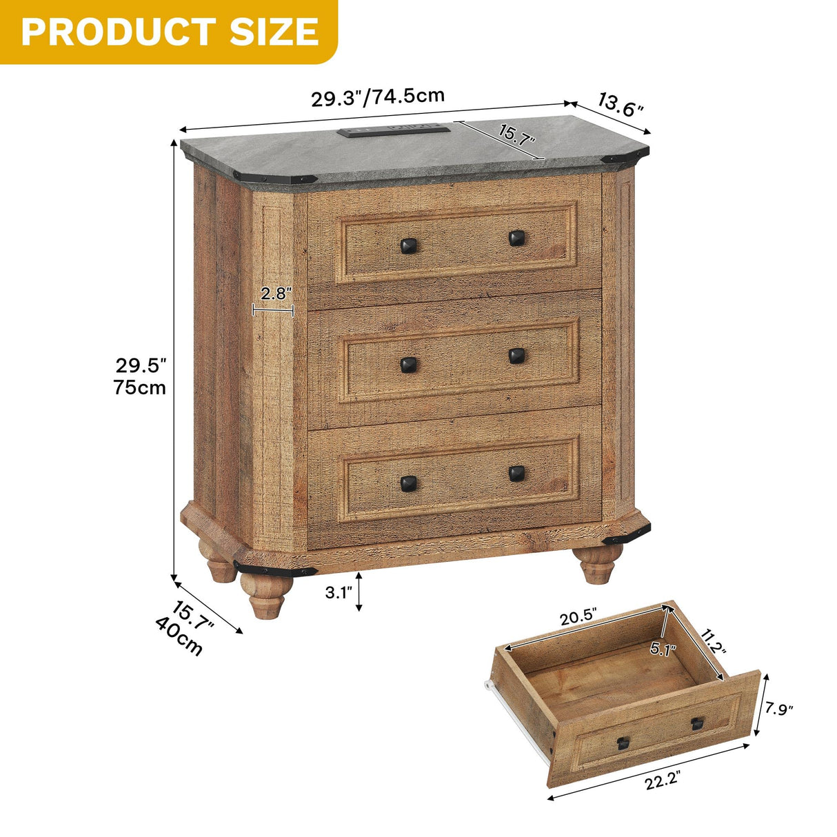 DWVO Nightstand Set of 2 with Charging Station, Farmhouse Bedside Table with 3 Drawers, Wood Night Stand w/Storage, Rustic Bed Side End Table for Bedroom Dorm Small Space, Brown DWVO