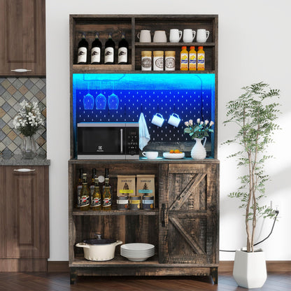 DWVO Farmhouse Pantry Cabinet - 71" Kitchen Pantry with Lights & Charging Station Hutch Cabinet with Storage, Kitchen Storage Cabinets with Doors and Shelves Cupboard for Dining Room, Oak Brown