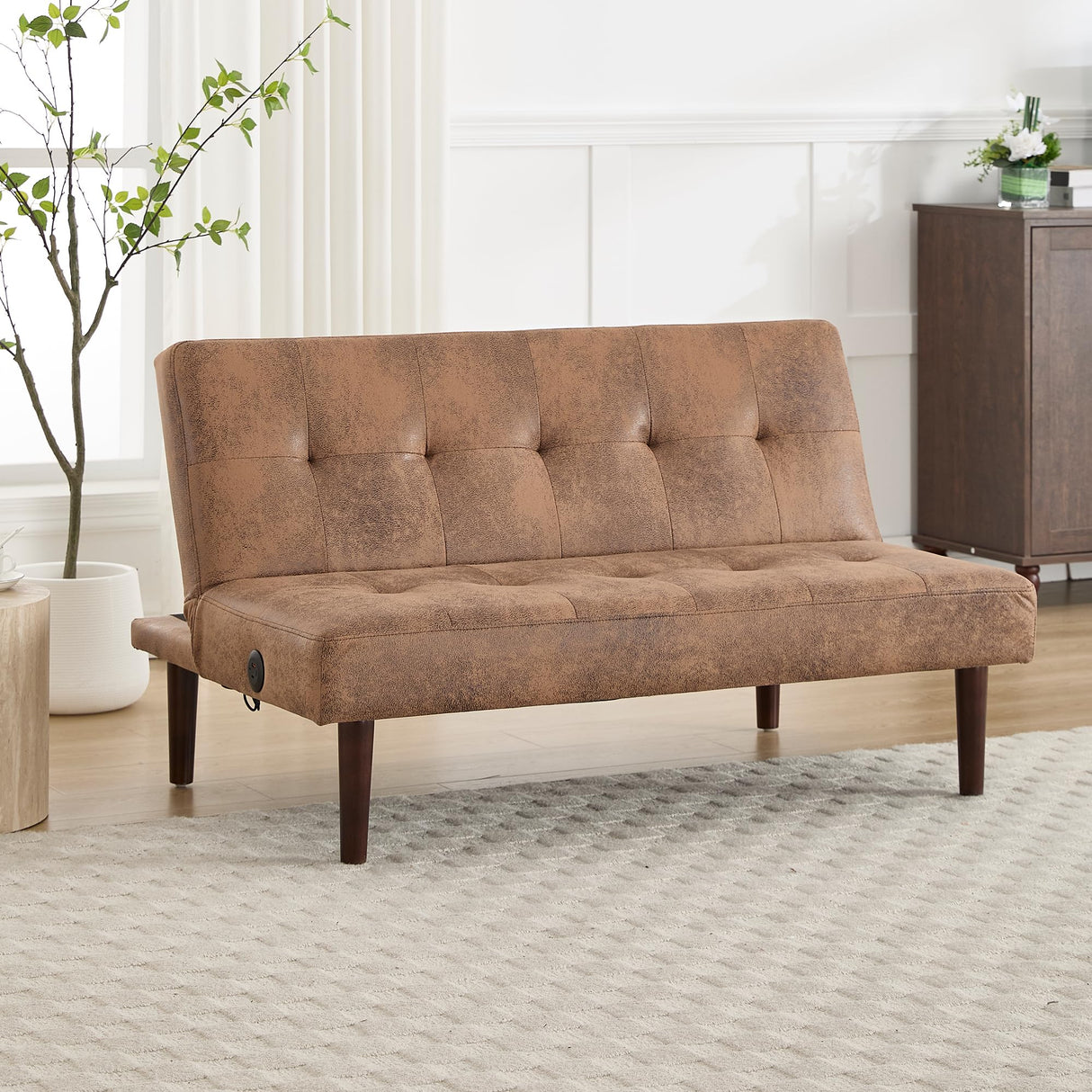 Convertible Futon Sofa Bed, Faux Leather Futon Couch with Adjustable Backrest and Usb Port, Modern Folding Couch For Small Spaces Living Room Sleeper Bed for Living Room,Bedroom,Office (Coffee) Klwenas Maec
