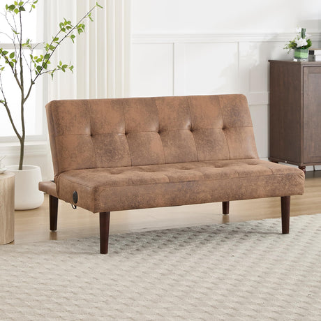 Convertible Futon Sofa Bed, Faux Leather Futon Couch with Adjustable Backrest and Usb Port, Modern Folding Couch For Small Spaces Living Room Sleeper Bed for Living Room,Bedroom,Office (Coffee) Klwenas Maec