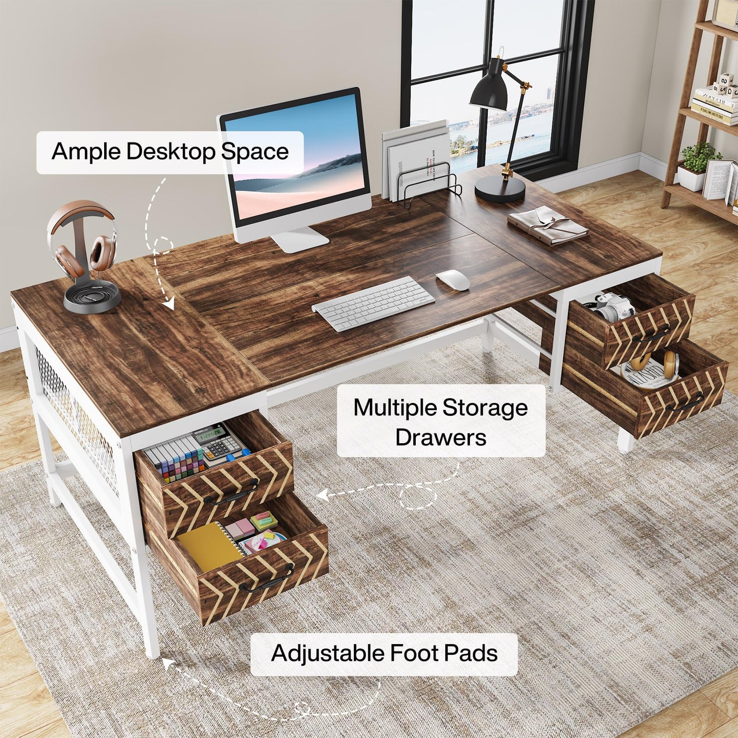 Tribesigns Computer Executive Desk with Drawers: Wood 63" Computer Desk with 4 Storage Drawers, Farmhouse Study Writing Table, Herringbone Business Furniture for Home Office, Brown and White - WoodArtSupply