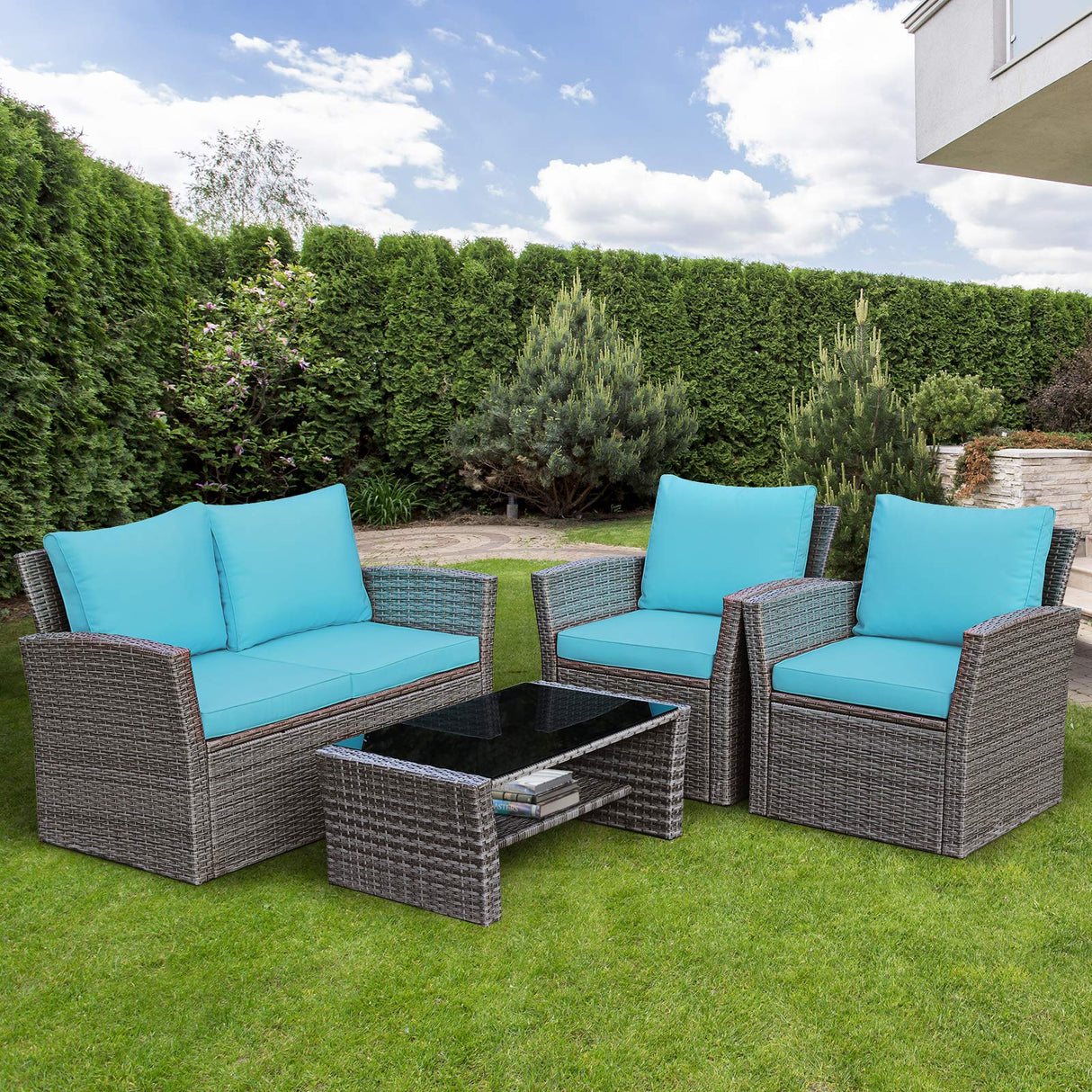 Tangkula 4 Pieces Patio Furniture Set, All Weather Outdoor Sectional Rattan Sofa Set with Cushions & Tempered Glass Table, Wicker Conversation Couch Set for Backyard Garden Poolside (Turquoise) Tangkula
