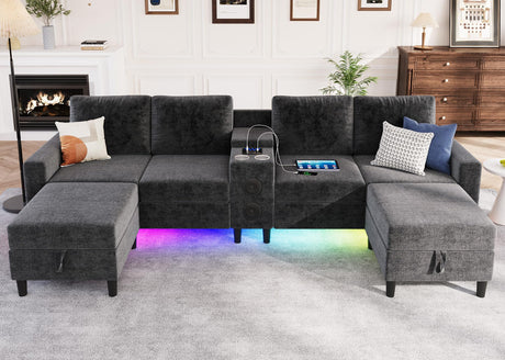 ZSDT Sectional Couches for Living Room, 6 Seat Sectional Sofa Smart Module-Bluetooth Speaker/RGB Light/Charging Station, Chenille U Shaped Couch with 2 Movable Storage Ottomans (Dark Grey) ZSDT