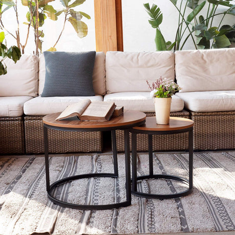 aboxoo Coffee Table Nesting Side Round Set of 2 End Table Top Sturdy Metal Frame Desk Centerpiece Living Room Bedroom Apartment Modern Industrial Simple Nightstand aboxoo