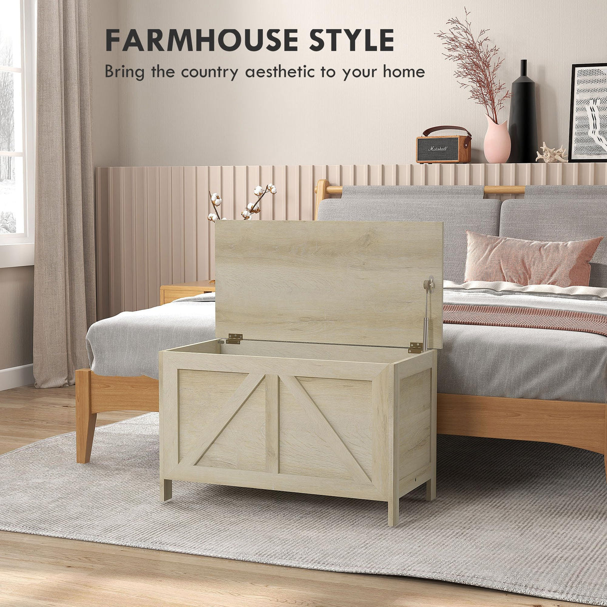 HOMCOM 30" Farmhouse Storage Bench, Lift Top Storage Chest with Safety Hinge to Open Up 100°, Wooden Trunk for Bedroom, Entryway, Living Room, Natural HOMCOM