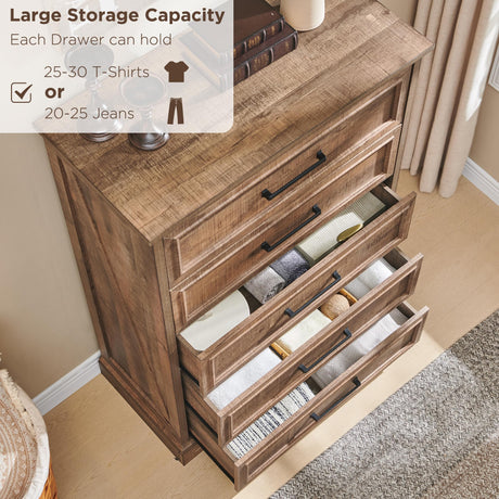 ACCOHOHO Farmhouse 5 Drawers Dresser Chests for Bedroom,46" Tall Wood Rustic Chest of Drawers with Wide Metal Handle,Natural Texture,Drawer Organizer for Bedroom,Living Room,Hallway and Entryway,LB ACCOHOHO
