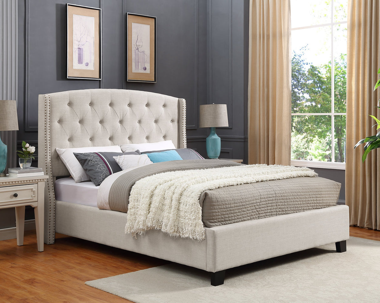 Roundhill Furniture Nantarre Fabric Tufted Wingback Upholstered Bed with Nailhead Trim, King, Tan Roundhill Furniture