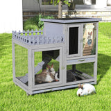 cozivvovv Wood Rabbit Hutch with Balcony - Small Animal House Bunny Cage on Wheels for Indoor Outdoor, Rabbit Cage Included Ramp, Pull Out Tray, (Grey with Pattern) COZIVVOVV