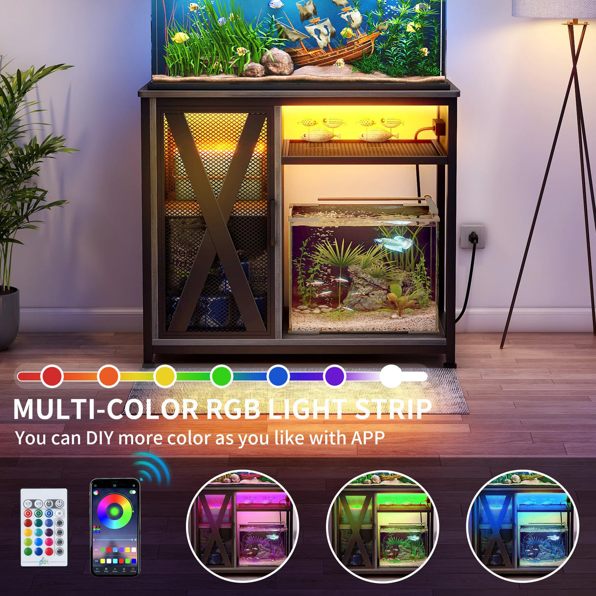 DWVO 40-50 Gallon Aquarium Stand with Power Outlets & LED Light, Cabinet for Fish Tank Accessories Storage - Metal Fish Tank Stand Suitable for Turtle Tank, Reptile Terrarium, 660LBS Capacity, Grey DWVO