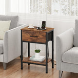Vagusicc Nightstand with Charging Station, End Table with Fabric Drawer, Small Side Table with 2-Tier Storage Shelves, 25.4" Tall Bedside Table, Night Stand for Bedroom Living Room Dorm, Rustic Brown Vagusicc