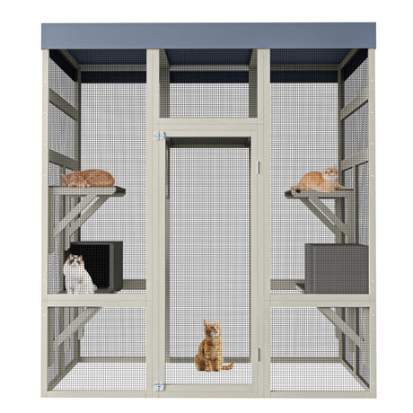 70" Large Catio Outdoor Cat Enclosure, Wood Cat House with Waterproof Roof, Walk in Cats Shelter with 7 Jumping Platform & 2 Napping Resting Box, Gray Curtainboro