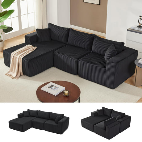 97" Boneless Couches for Living Room, Cloud Couch Sectional with Deep Seat, Comfy Couch with L-Shaped Chaise, Minimalist Upholstered Modular Sectional Sofa, No Assembly Required (Corduroy,Black) Huatean Home