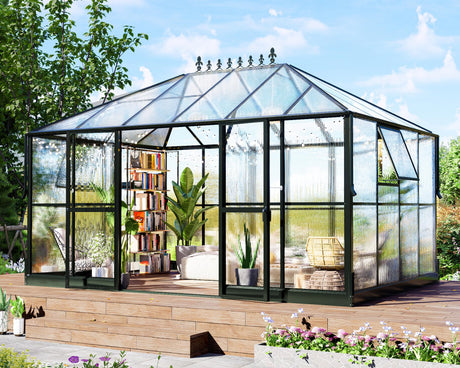 HOWE 14x9.5x9 FT Polycarbonate Greenhouse with 2 Vents and Double Swing Doors 6FT Added Wall Height, Walk-in Large Winter Greenhouse Sunroom Aluminum Greenhouse for Outdoors, Black HOWE