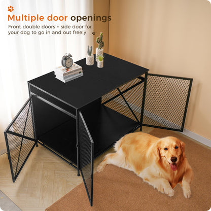 DWANTON Dog Crate Furniture, 42.5" L Three-Door Wooden Dog Kennel Indoor, Connectable Expansion, Wooden Dog Crate Table for Small/Medium/Large Dog, Dog House, Dog Cage Large, Black