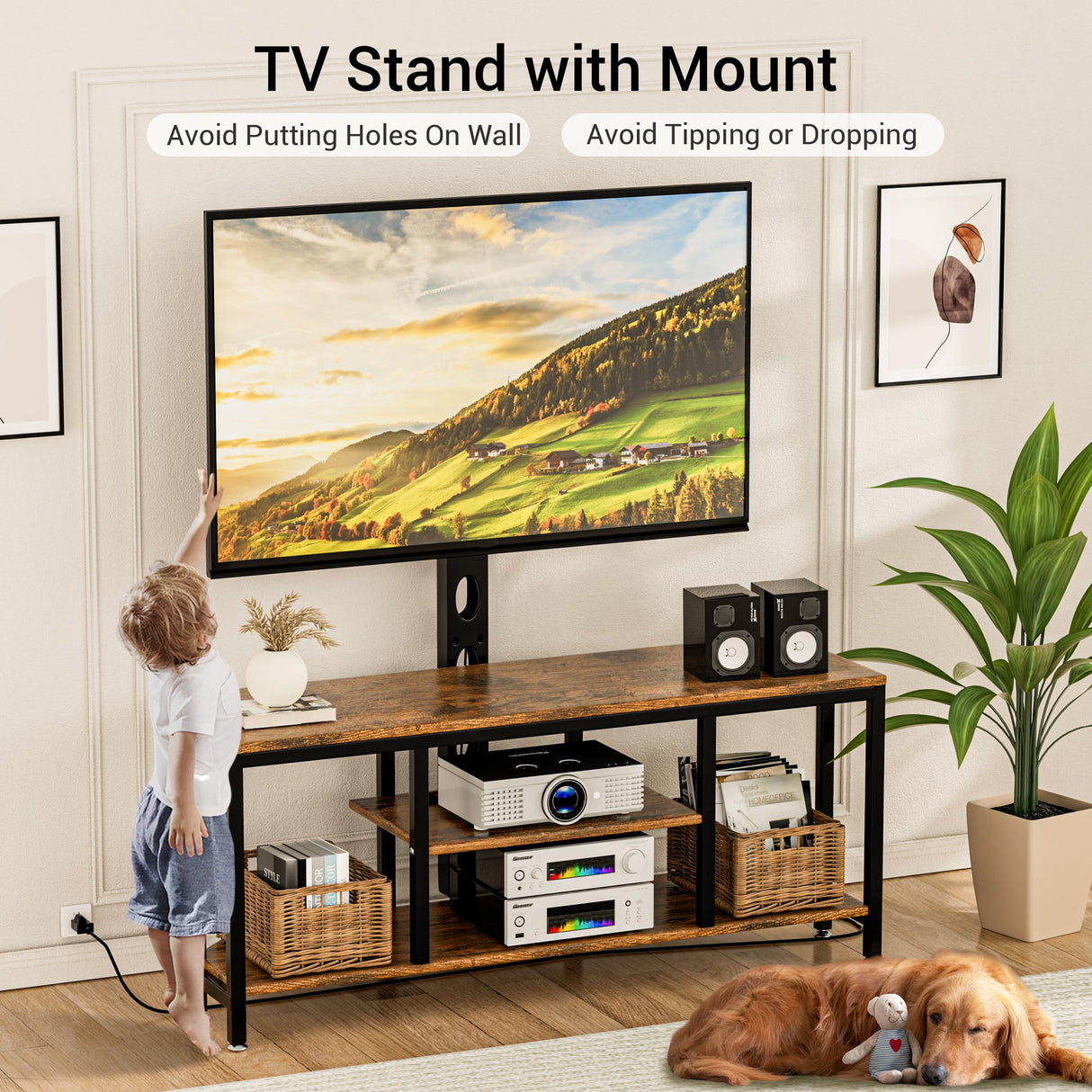 BACEKOLL TV Stand with Mount and LED Light, Corner TV Stand with Storage and Power Outlet, Swivel Television Stand Console for TV Up to 60", Entertainment Center for Living Room, Bedroom, Rustic Brown BACEKOLL