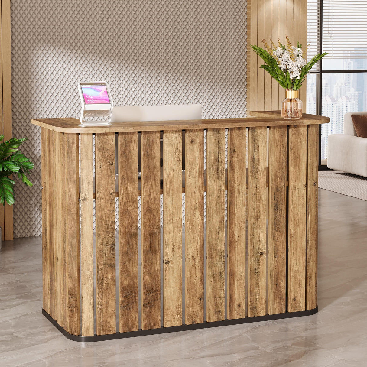 Tribesigns 63-Inch Reception Desk with Counter, Modern U-Shaped Front Desk with Private Panel, Retail Checkout Counter Table for Lobby, Salon, Reception Room, Office, Brown Tribesigns
