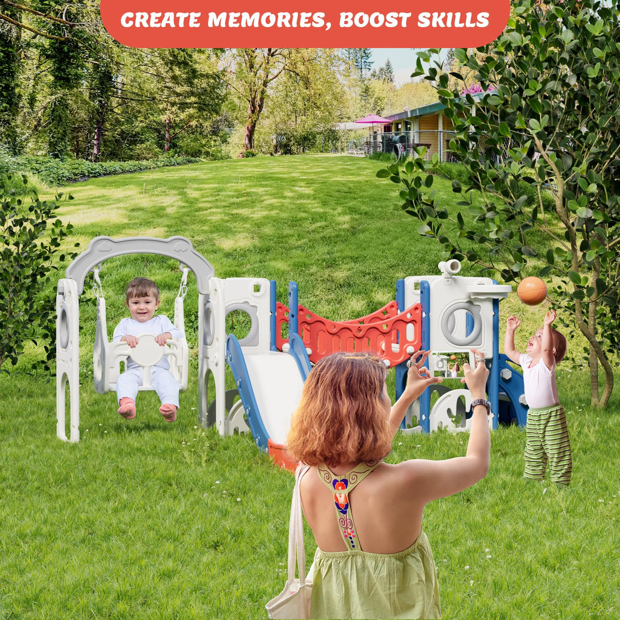 67i Toddler Indoor Playground Slide and Swing Set with Climbing Arch, Golf, Basketball - Outdoor Playset for Toddlers 1-3, Kids Activity Center (Red Blue, with Swing) 67i