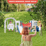 67i Toddler Indoor Playground Slide and Swing Set with Climbing Arch, Golf, Basketball - Outdoor Playset for Toddlers 1-3, Kids Activity Center (Red Blue, with Swing) 67i