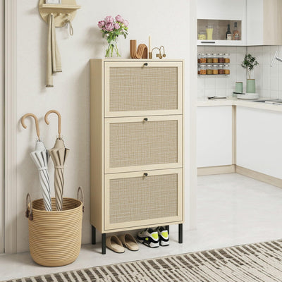 ZeHuoGe Natural Rattan Cabinet with 3 Flip Drawers, Free Standing Modern 3-Tier Shoe Storage Rack for Heels, Slippers, Entrance Hallway Entryway （3 Drawers）