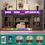 YITAHOME LED Farmhouse TV Stand for 75 Inch w/Outlets, Modern Entertainment Center with Glass Doors and Adjustable Storage Shelves, Media Console TV Cabinet for for Living Room, Dark Rustic Oak YITAHOME