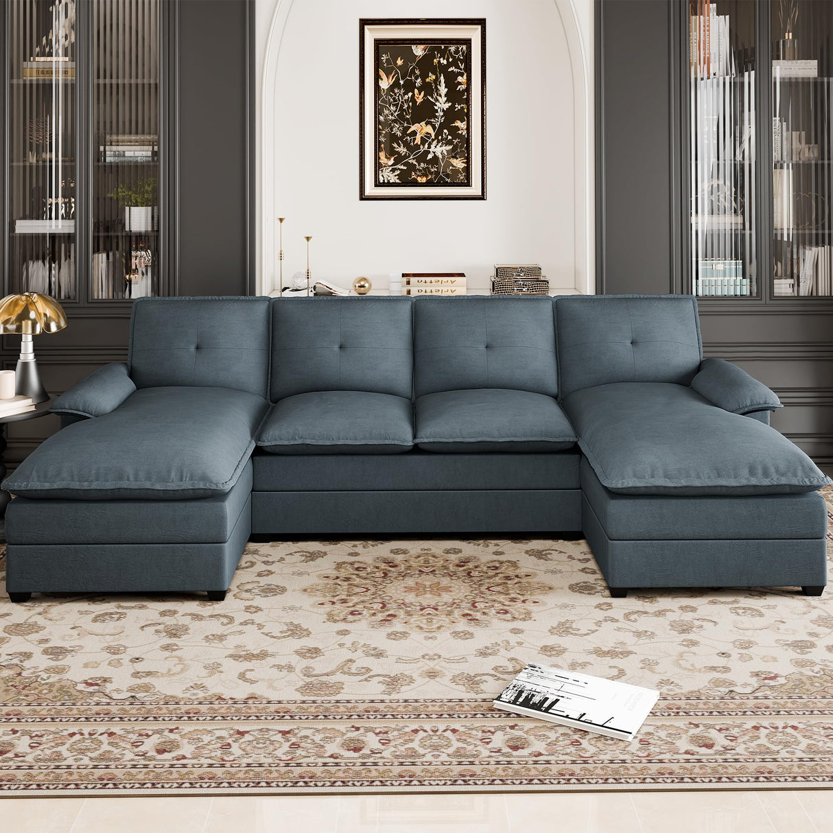 Shintenchi U Shaped Sectional Couch for Living Room,110" 4-Seater Comfy Couch with Double Chaise,Deep Seat Modular Sofa Couches with Thick Cushion & Soft Backrest,Dark Gray Shintenchi