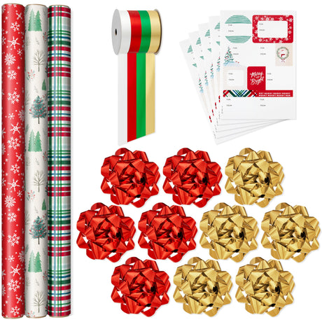 Hallmark Rustic Red and Green Christmas Wrapping Paper Set (90 sq. ft. ttl, 10 Bows, 4 Ribbon Colors, 40 Gift Tag Stickers) Snowflakes, Trees, Plaid Hallmark