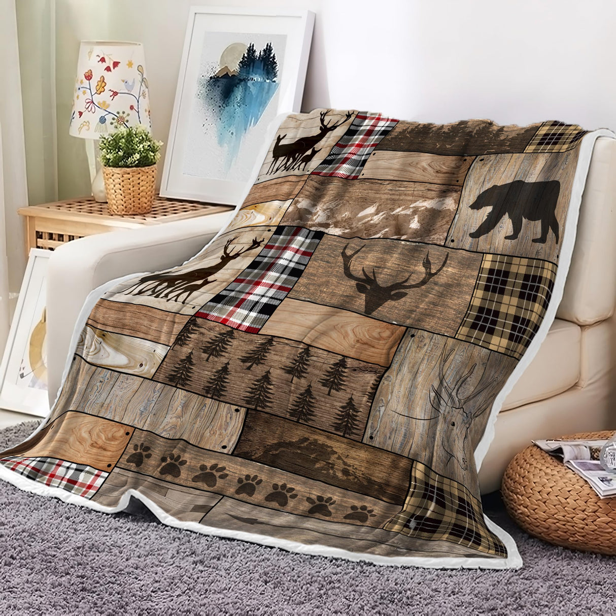 Torich Rustic Farmhouse Throw Blankets, Cabin Hunting Deer Bear Sports Cozy Warm Bed Couch Blanket, Country Wooden Hunting Camping Forest White Fleece Flannel Throws to Decorate The Room and Bedroom Torich
