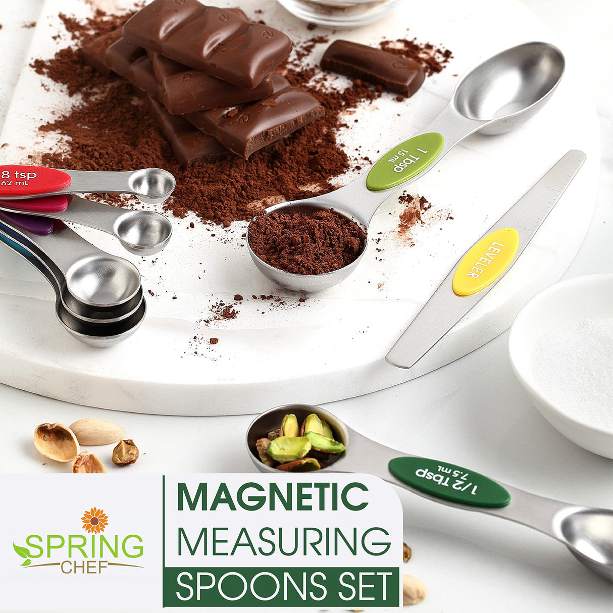 Spring Chef Magnetic Measuring Spoons Set with Strong N45 Magnets, Heavy Duty Stainless Steel Metal, Fits in Most Kitchen Spice Jars for Baking & Cooking, BPA Free, Multicolor, Set of 8 with Leveler Spring Chef