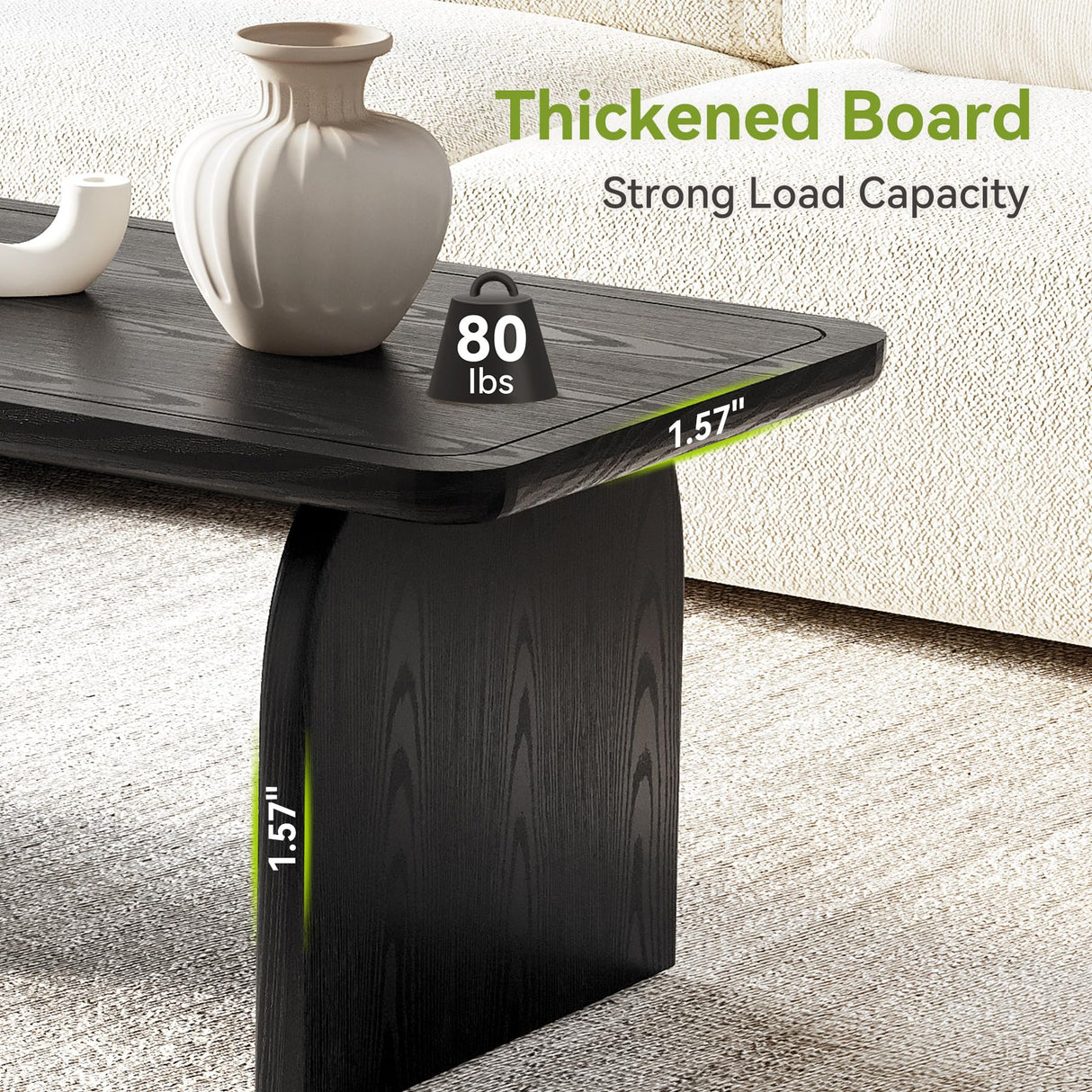 LITTLE TREE Farmhouse Coffee Table, 47 Inches Wooden Center Tables with Rounded Corners, Rectangular Living Room Tables, Modern Low Cocktail Tea Furniture for Living Room (Black) LITTLE TREE