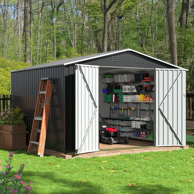 AirWire 10x10 FT Outdoor Storage Shed, Garden Shed with Updated Frame Structure and Lockable Doors, Metal Tool Sheds for Backyard Garden Patio Lawn, Grey
