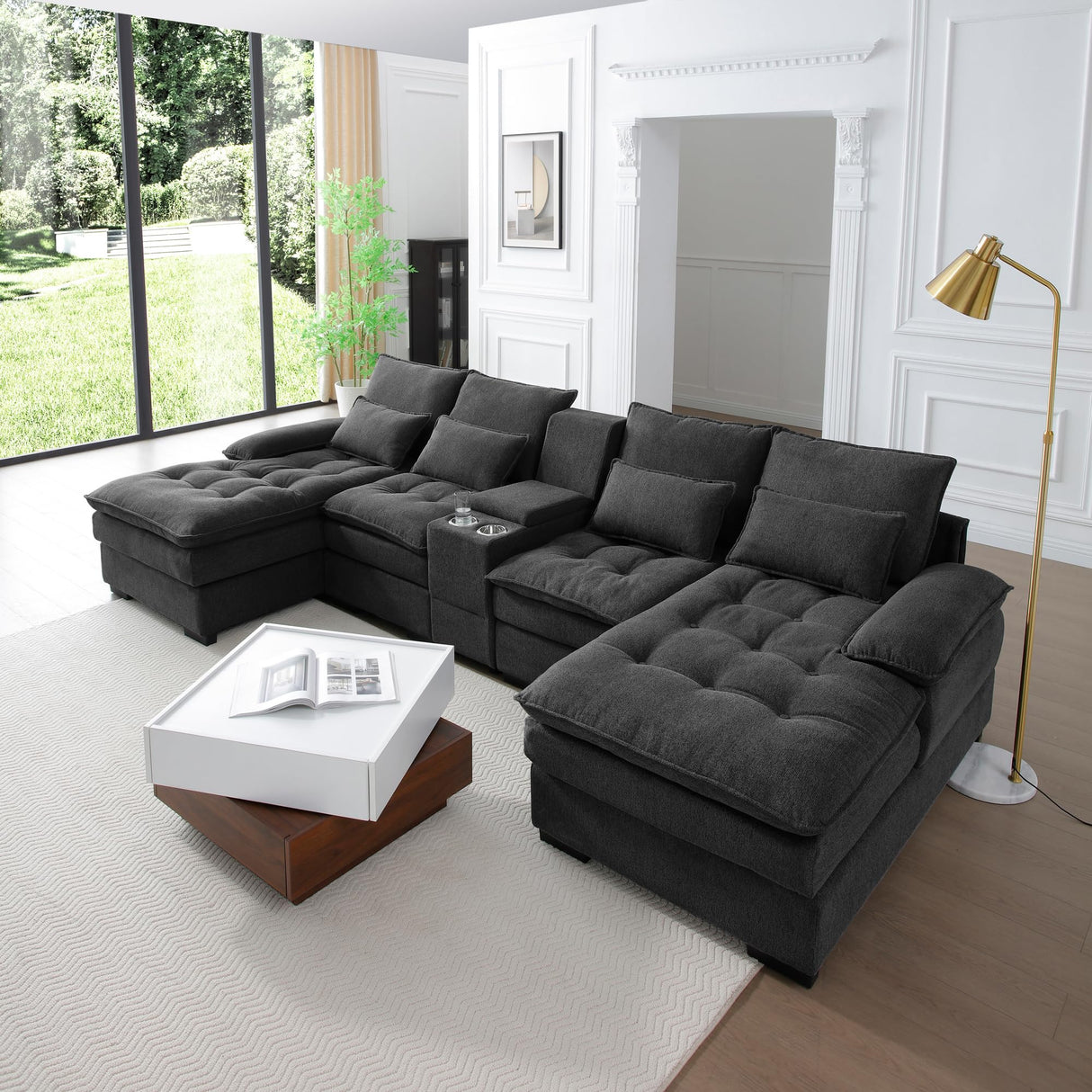 KEIKI 130" U-Shaped 6 seat Sofa with Storage Console, Cup Holders, Upholstered Sectional Sofa, Button Tufted Cloud Cushion Couch for Home, Office, Apartment, Gray KEIKI