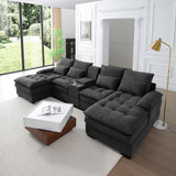 KEIKI 130" U-Shaped 6 seat Sofa with Storage Console, Cup Holders, Upholstered Sectional Sofa, Button Tufted Cloud Cushion Couch for Home, Office, Apartment, Gray KEIKI