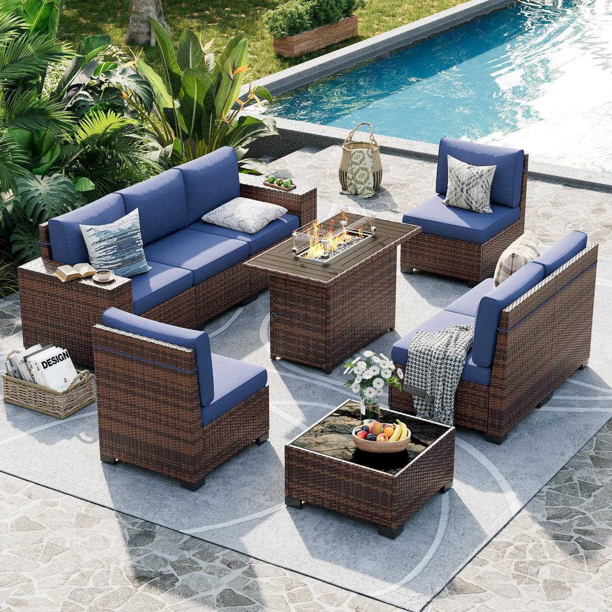 UDPATIO Patio Furniture Set with Fire Pit Table, 8 Inch Armrest Outdoor Sectional Sofa, 9 Piece Wicker Outdoor Furniture Conversation Sets with Waterproof Cover for Backyard Deck(Brown/Navy Blue) UDPATIO