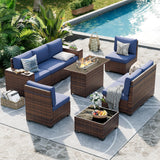UDPATIO Patio Furniture Set with Fire Pit Table, 8 Inch Armrest Outdoor Sectional Sofa, 9 Piece Wicker Outdoor Furniture Conversation Sets with Waterproof Cover for Backyard Deck(Brown/Navy Blue) UDPATIO