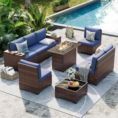UDPATIO Patio Furniture Set with Fire Pit Table, 8 Inch Armrest Outdoor Sectional Sofa, 9 Piece Wicker Outdoor Furniture Conversation Sets with Waterproof Cover for Backyard Deck(Brown/Navy Blue) UDPATIO