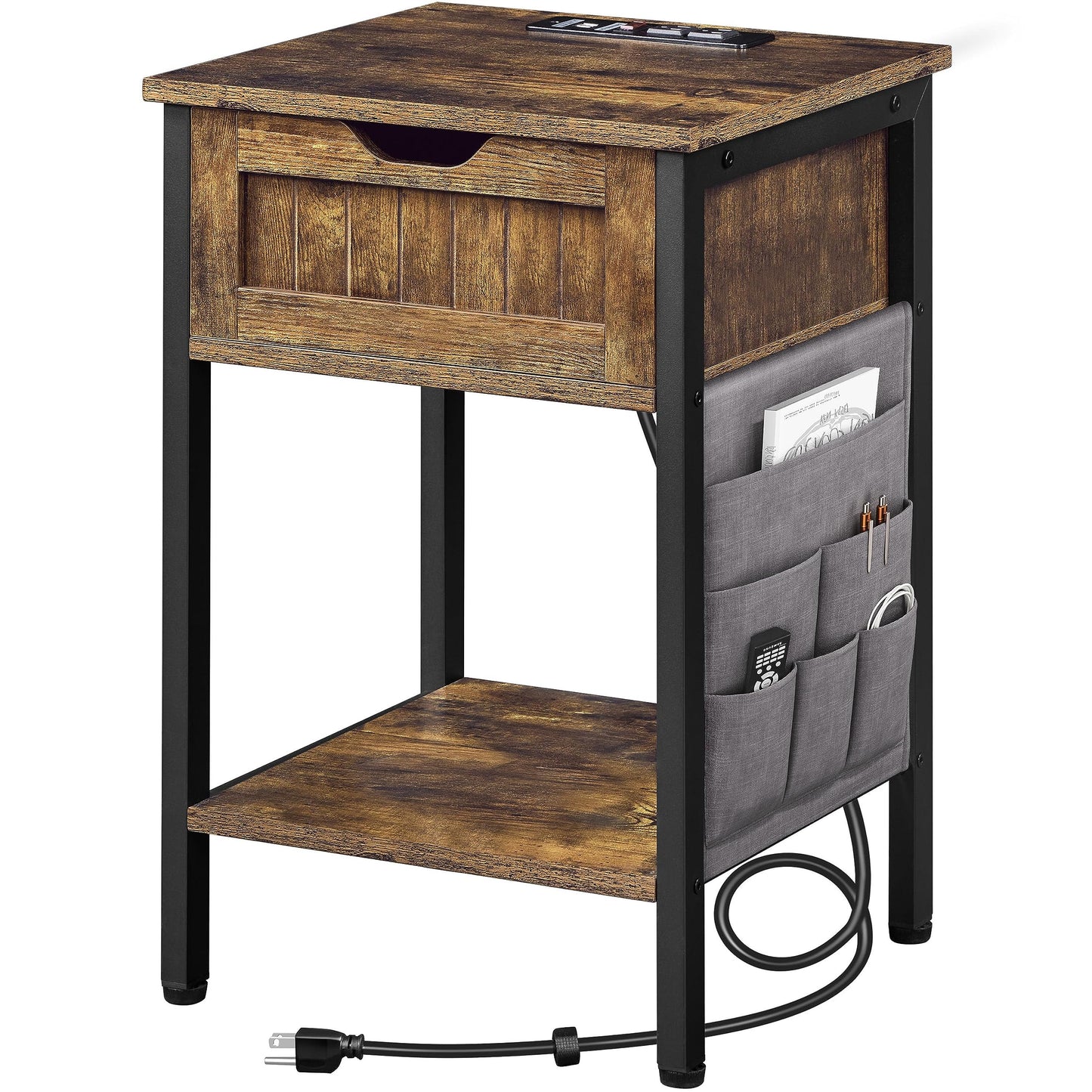 Yaheetech Rustic Brown End Table with Charging Station, Drawer, Shelf & Removable Fabric Bag