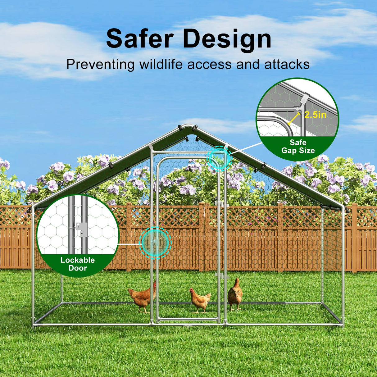 NGTEEN Large Metal Chicken Coop, Chicken Pen Walk in Chicken Run for Duck Rabbit Habitat Flat Shaped Poultry Cage with Waterproof Cover for Outdoor Farm Use, Spire Roof (10' L x 4.9' W x 6.4' H) NGTEEN