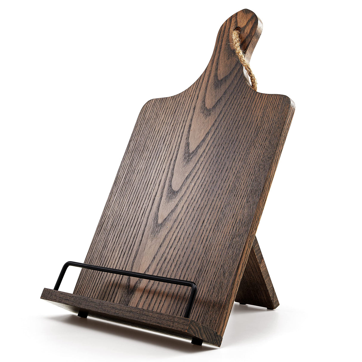 FANATU Cookbook Stand, Rustic Wood Cookbook Holder Cutting Board Style, Adjustable Recipe Ipad Tablet Book Holder and Stand for Kitchen with Anti-Slip Kickstand (Dark Brown) FANATU